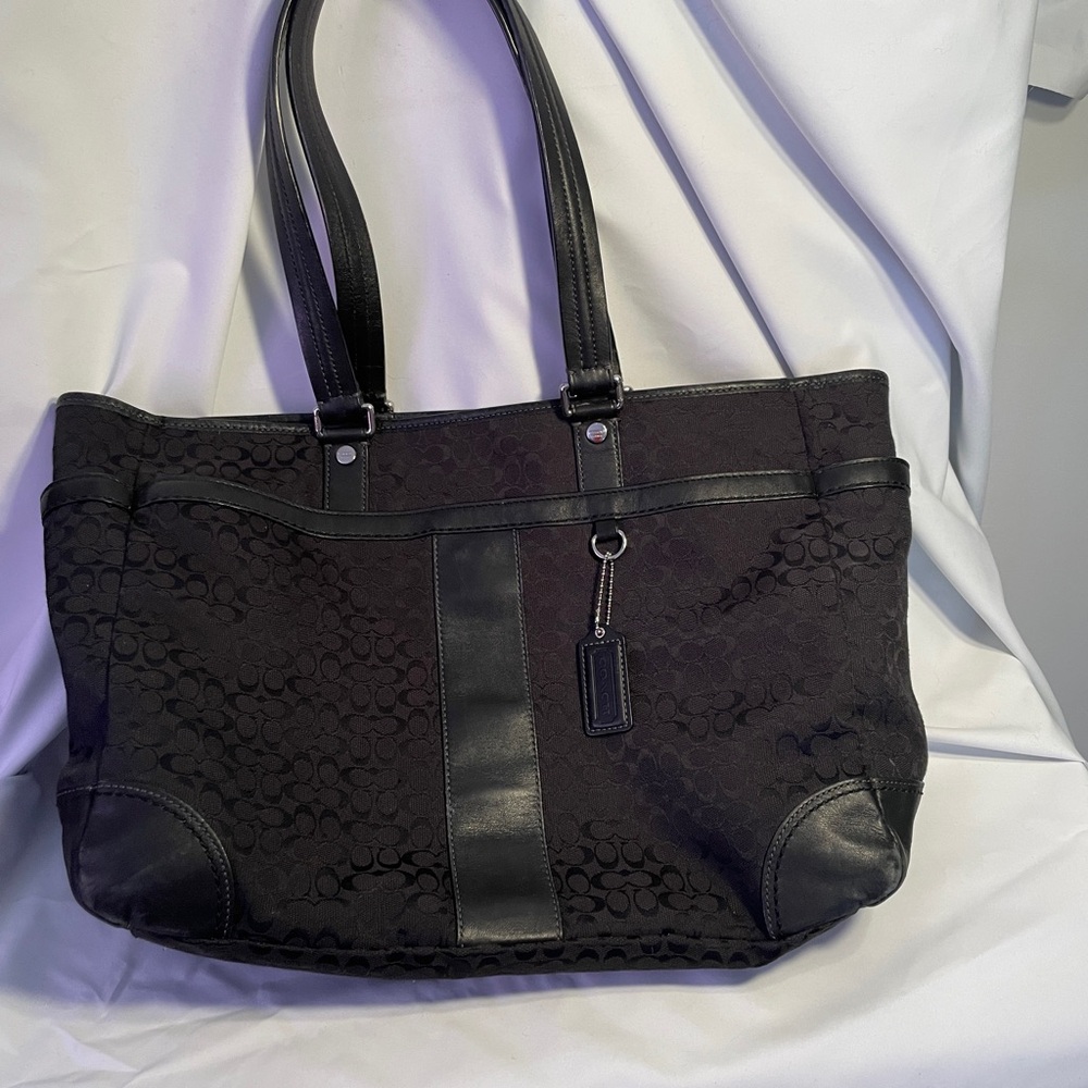 COACH Signature Black Canvas & Leather Large Tote Shoulder Diaper Purse Bag EUC